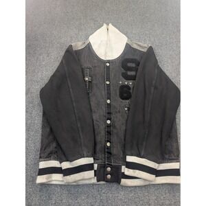 Sean John Jacket Mens 2XL Gray Denim Varsity Snap Front S 69 Studded Letterman